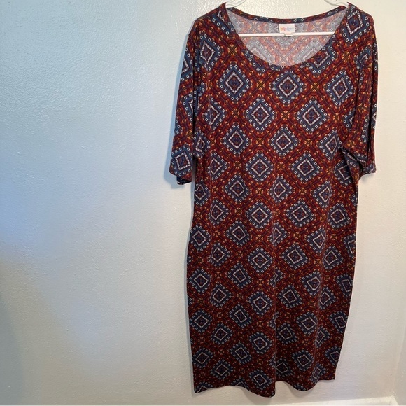 Lularoe Julia Bodycon Dress Blue Red Geometric - Picture 3 of 11
